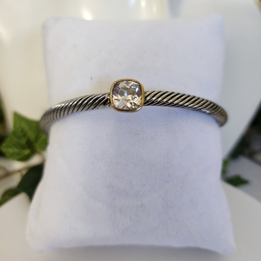 Classic Cable Bracelet Open Cuff with Clear Crystal Stone